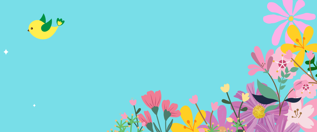 Light blue background with flowers and small yellow bird with green wings.